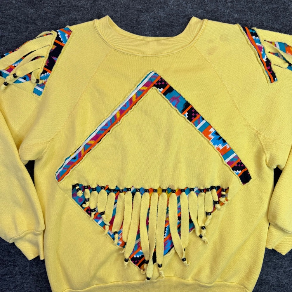 Vtg Discus Athletic Southwest Aztec Fringe Sweatshirt Medium Yellow 90s USA Boho - Picture 2 of 14